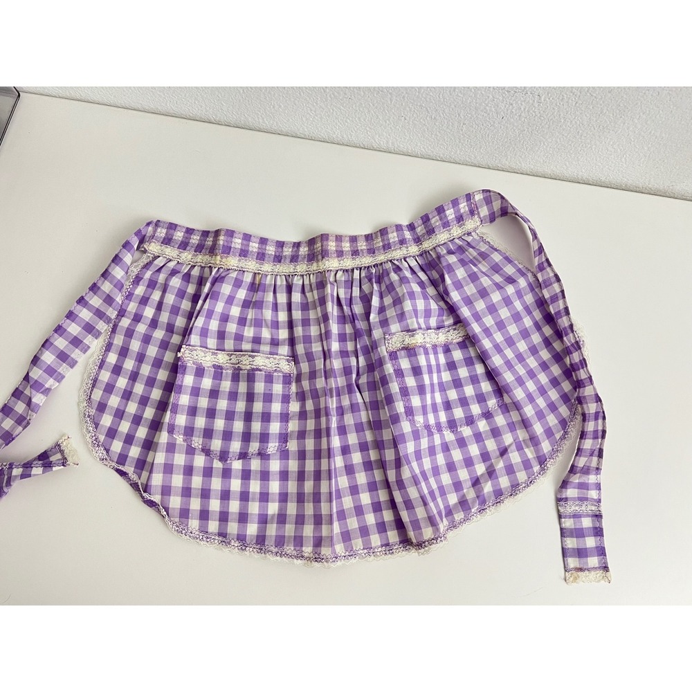 Vintage Purple Gingham Half Apron Lace Trim Rick Rack Two Pocket Retro Handmade